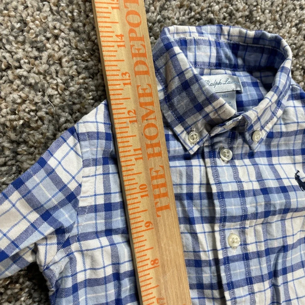 Ralph Lauren Kid's 18M Button Down Long Sleeve Shirt Blue White Plaid Cotton